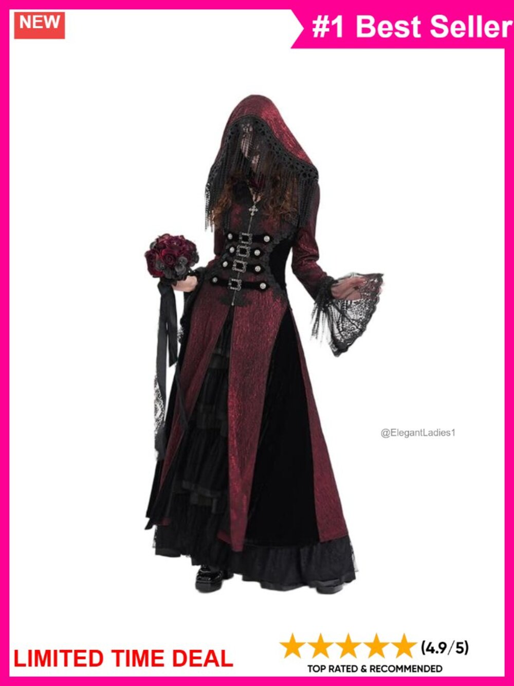 Gothic Fringe Hooded Lace-Up Long Coat Bell Cuffs Shimmer Fabric